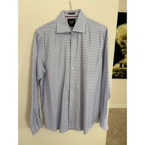 Andrew J. Carefree Mens Dress Shirt Size 43/17 Blue Checkered 100% Cotton